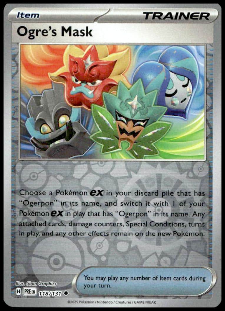 Ogres Mask Trainer Card: Holographic card with four colorful masks, exclusive to Prismatic Evolutions 2025.