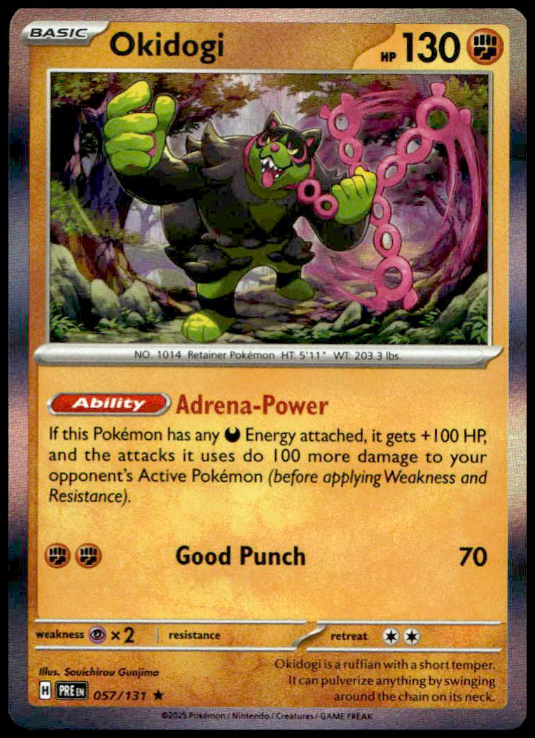 Okidogi Pokémon Card: Fighting-type, 130 HP, Adrenal Power ability, vibrant action art.