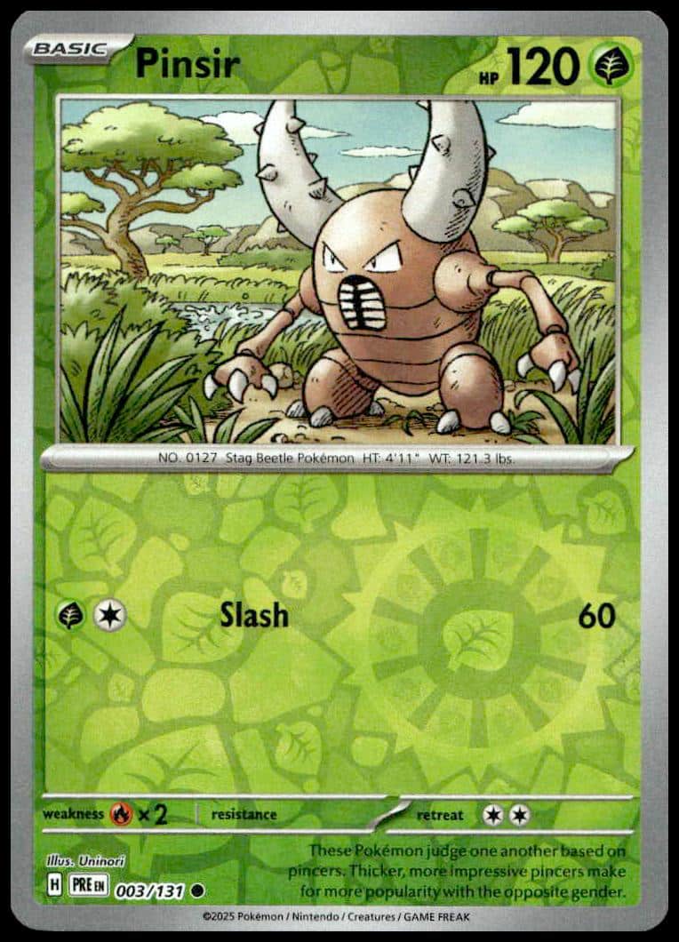 Pinsir card from 2025 set, 120 HP, Grass-type, Reverse Holo, Prismatic Evolutions series.