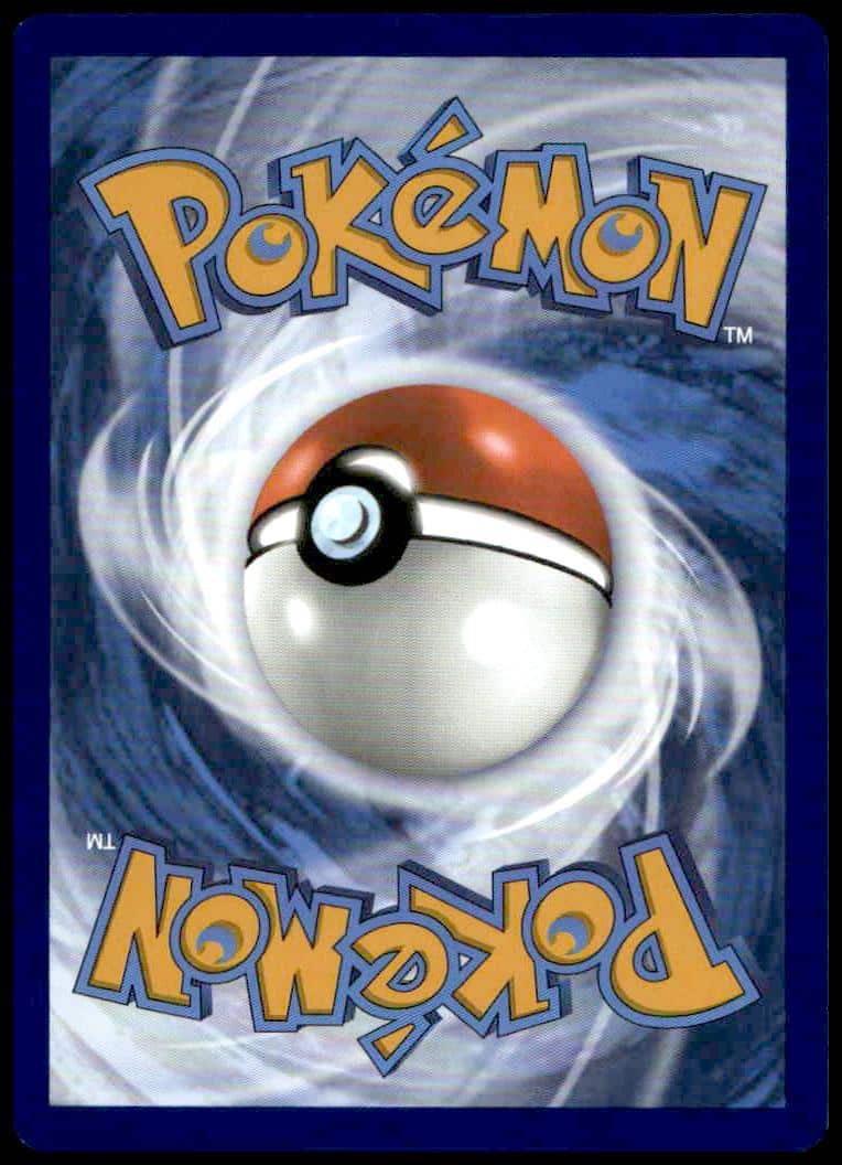 Pokémon card back with blue swirl, floating Poké Ball, and iconic yellow logo.
