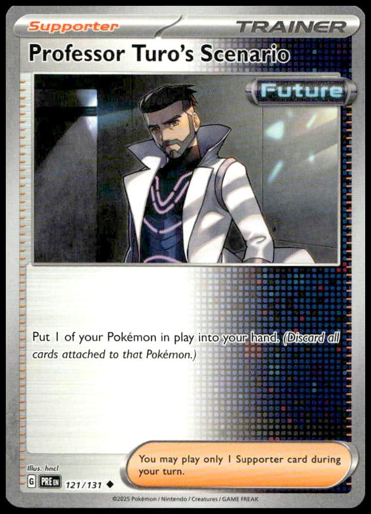 Professor Turos Scenario Pokémon card from 2025 Prismatic Evolutions, number 121/131.