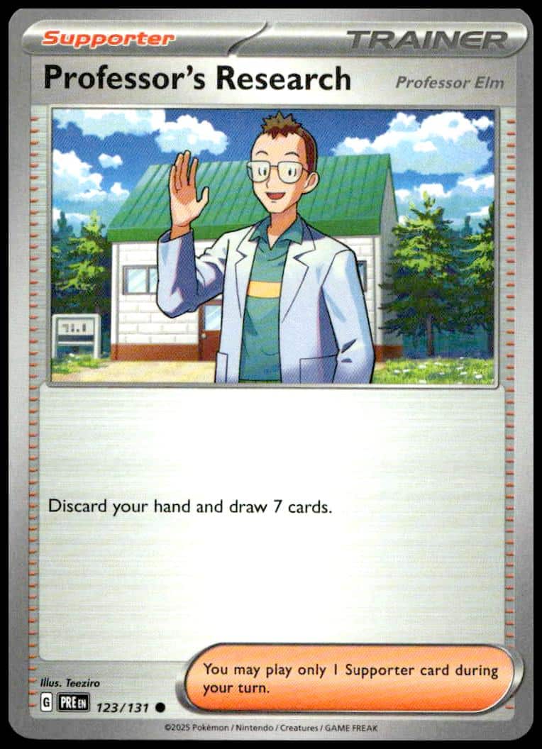 Professor Elm Pokémon card: Discard hand, draw 7 cards, 2025 Prismatic Evolutions.