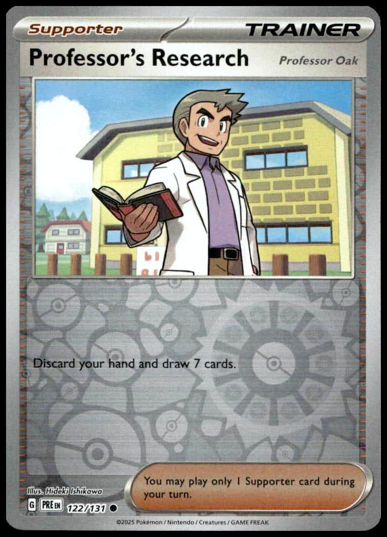Professor Oak Pokémon card: discard hand, draw 7 cards. 2025 Prismatic Evolutions set.