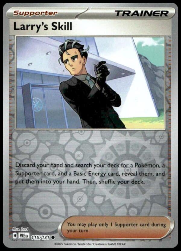 Larrys Skill Pokémon TCG Supporter Card: Trainer in gym-like background offering strategic advantage.
