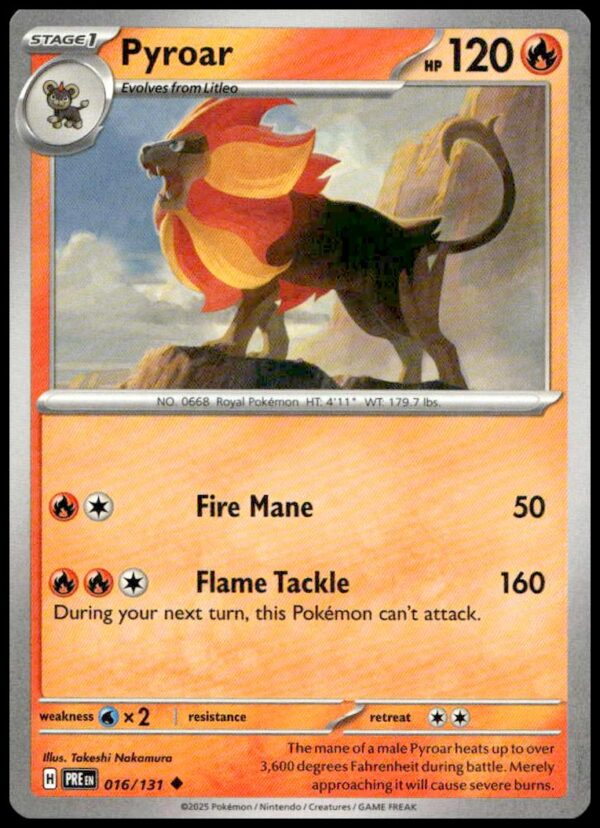 Pyroar Pokémon card: Fire mane, 2025 Scarlet & Violet, Prismatic Evolutions, #016/131.