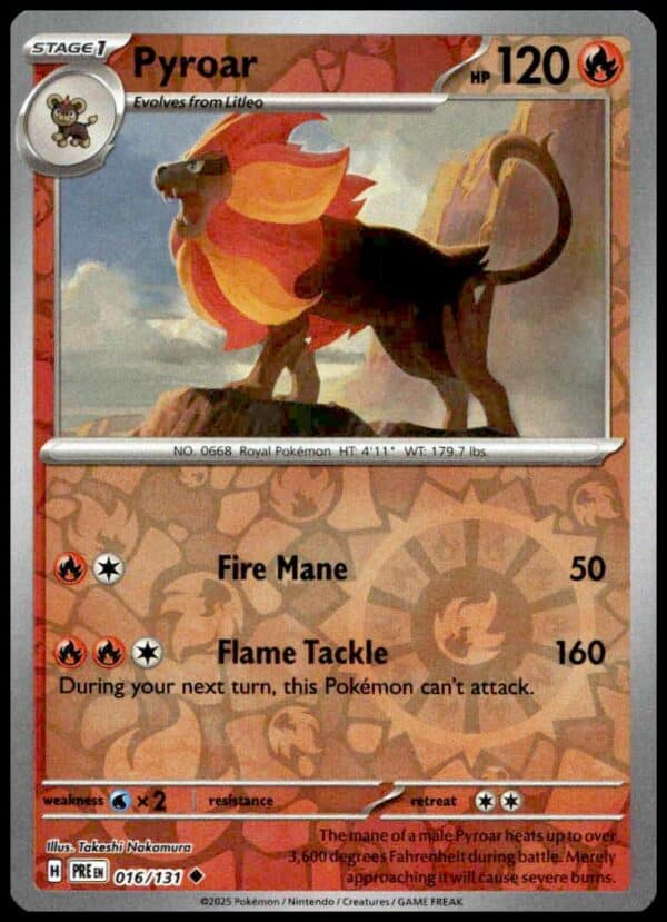 2025 Pyroar Pokémon Card: Prismatic Evolutions Reverse Holo #016/131, featuring Fire-type attacks.