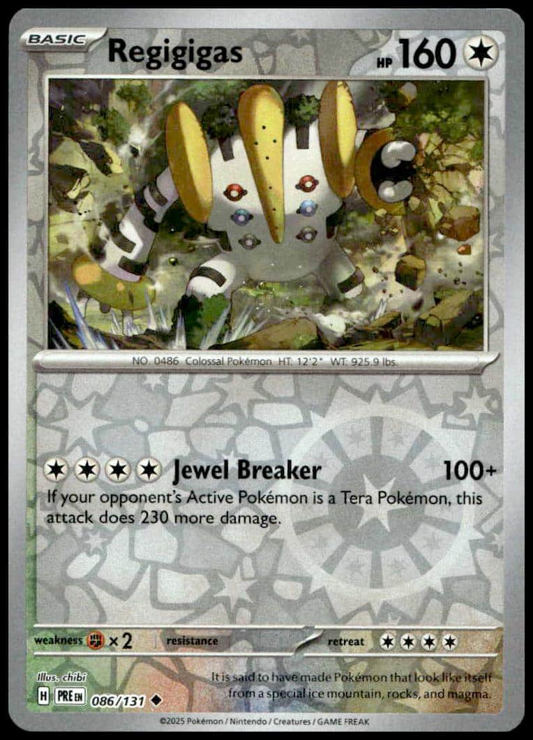 Regigigas card: legendary holo, 160 HP, Jewel Breaker attack, gold accents, Prismatic Evolutions.
