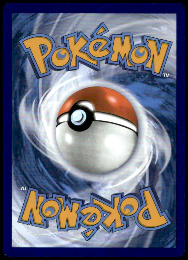 Blue vortex Pokémon card back with 3D Poké Ball, yellow-gold logo, classic design.