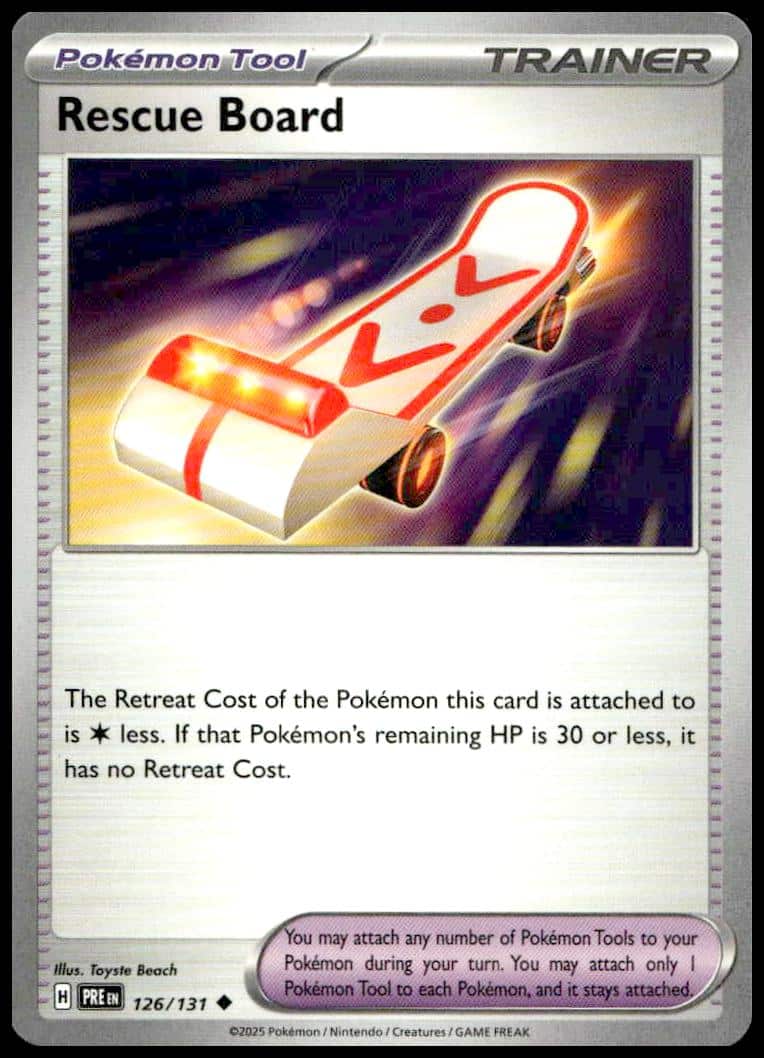 Pokémon TCG Rescue Board Trainer Card from 2025s Prismatic Evolutions set.