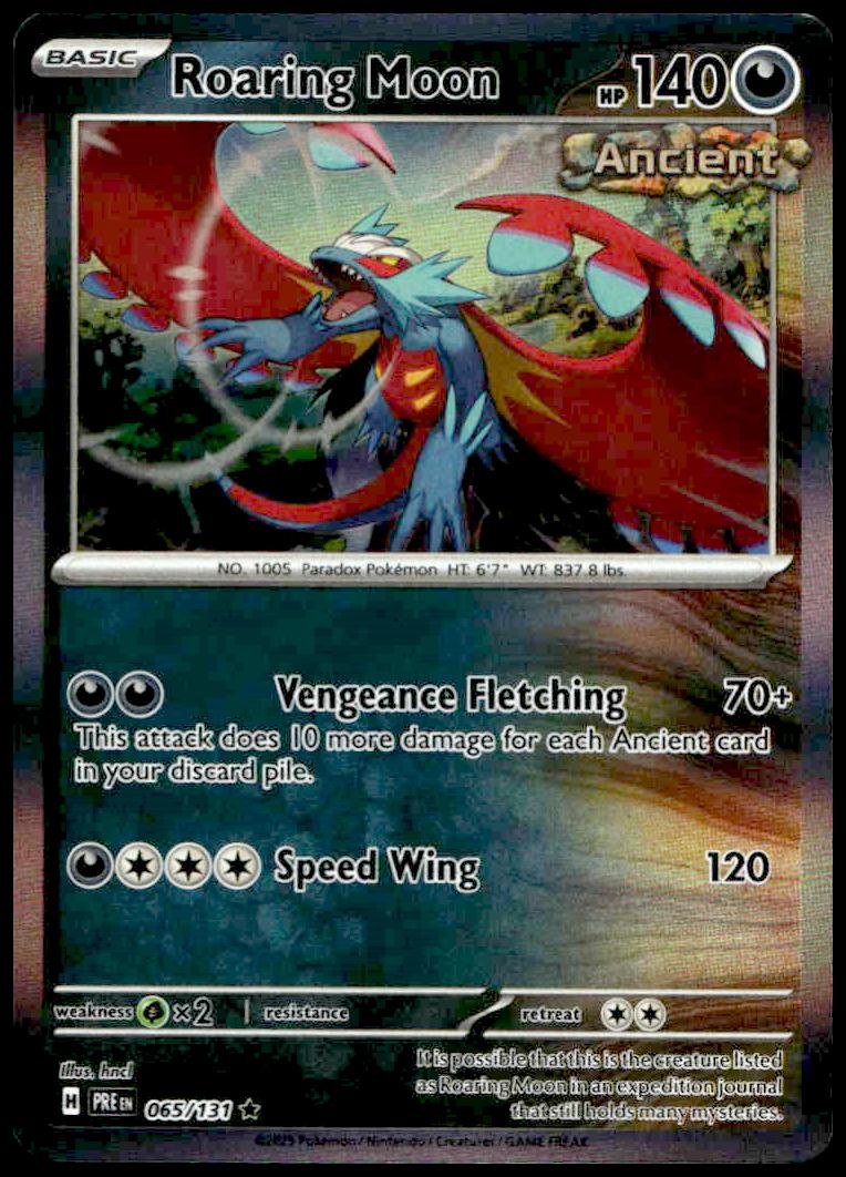 Roaring Moon Holo Card: 2025 Pokémon Prismatic Evolutions; dragon-type with 140 HP, two attacks.