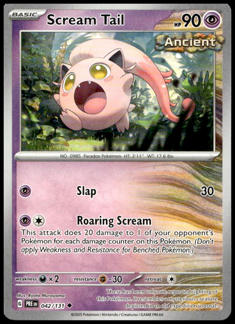 Scream Tail Pokémon card from 2025 Prismatic Evolutions set, Psychic-type, 90 HP, Ancient designation.
