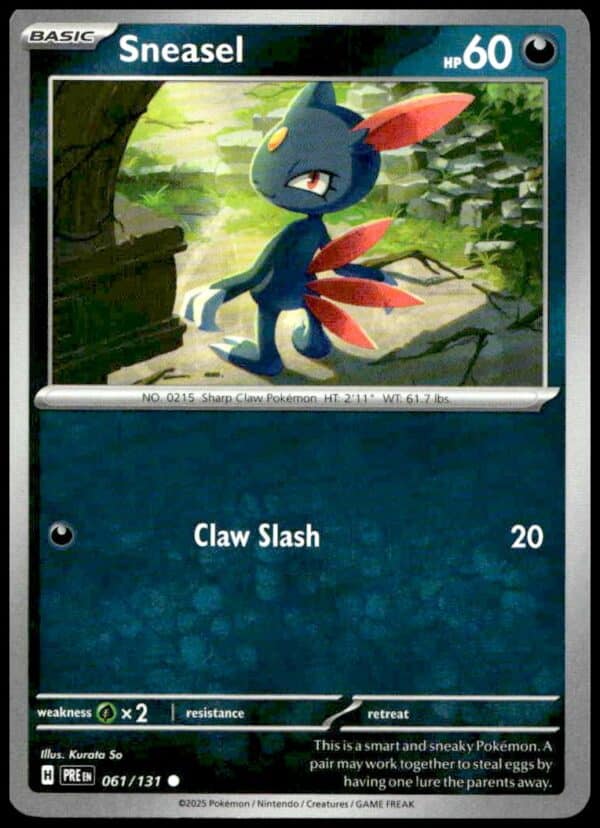 Sneasel Pokémon TCG card from 2025 Prismatic Evolutions set, featuring dynamic artwork and 60 HP.