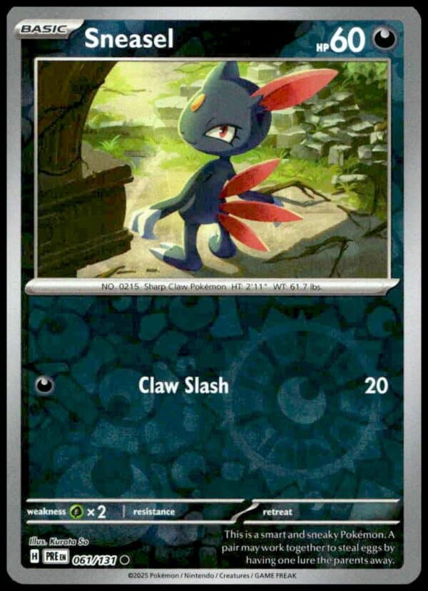 Sneasel Reverse Holo Pokémon Card, Scarlet & Violet Set, Claw Slash Attack, 2025 Edition.