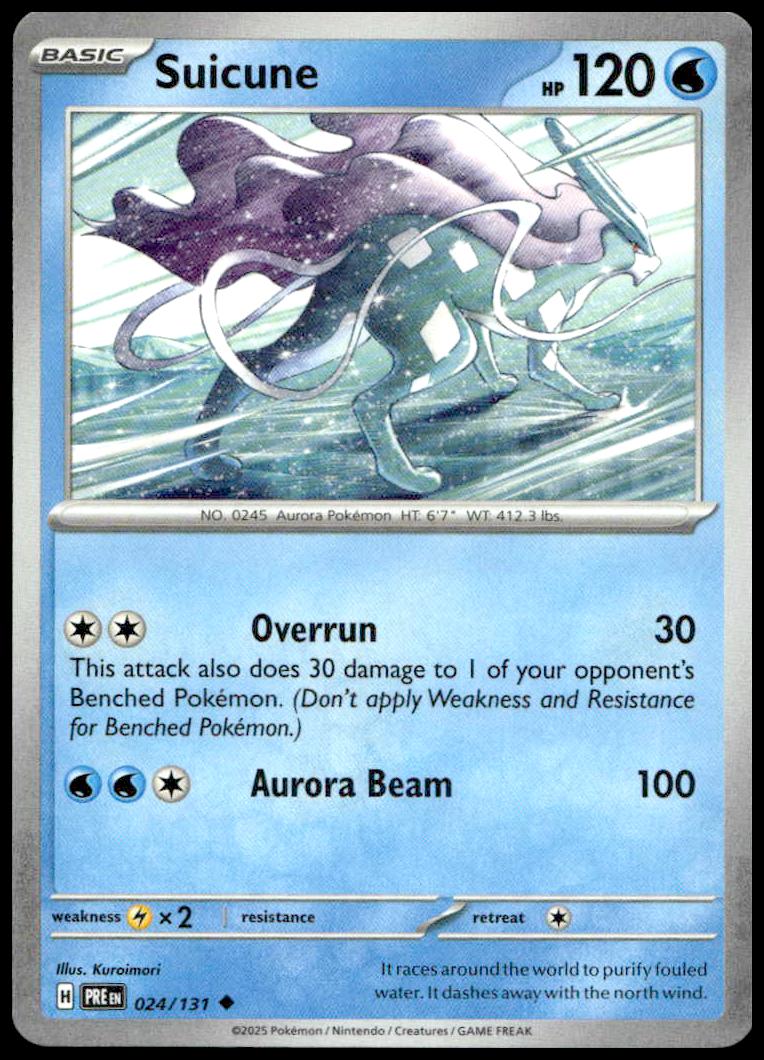 Dynamic Suicune card from 2025 Pokémon Scarlet & Violet: Prismatic Evolutions set.