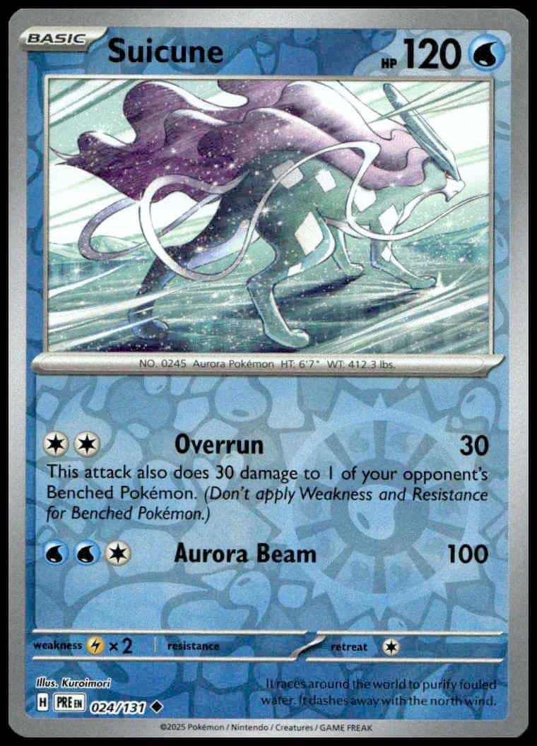 Suicune Pokémon Card: 2025 Prismatic Evolutions Reverse Holo, elegant water-themed artwork, powerful attacks.