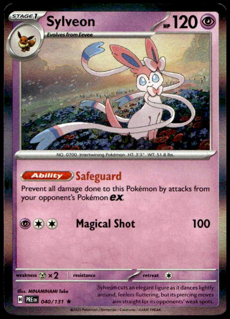2025 Sylveon Holo Pokémon Card: 120 HP, Safeguard Ability, Magical Shot Attack, Prismatic Evolutions.
