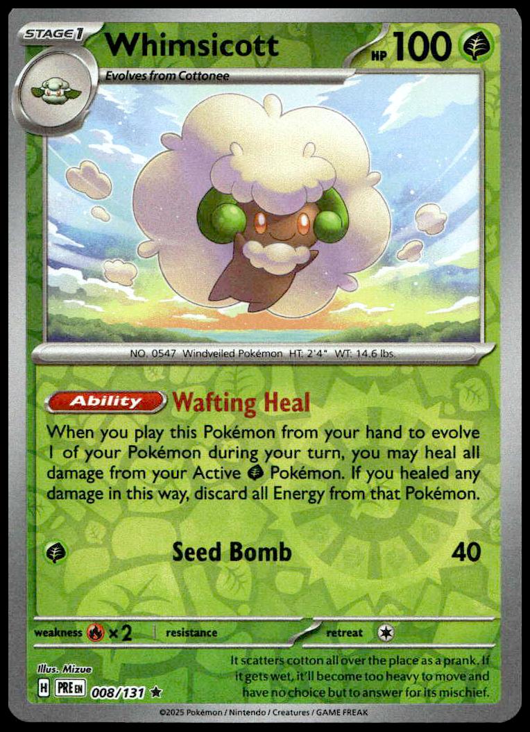 Whimsicott Reverse Holo Pokémon Card: Grass/Fairy, 100 HP, 2025 Prismatic Evolutions.