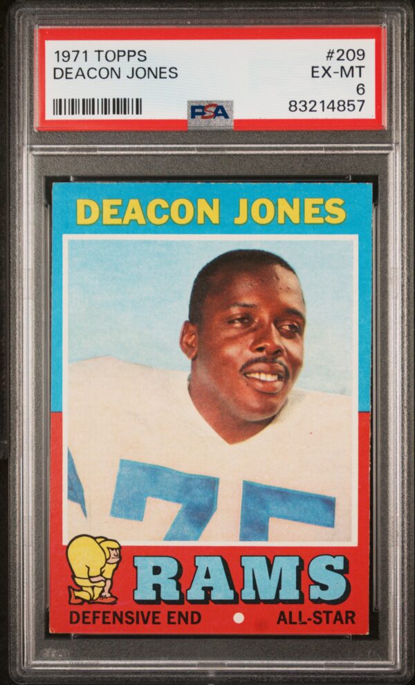1971 Topps Deacon Jones Rams card, PSA 6, turquoise border, All Star defensive end.
