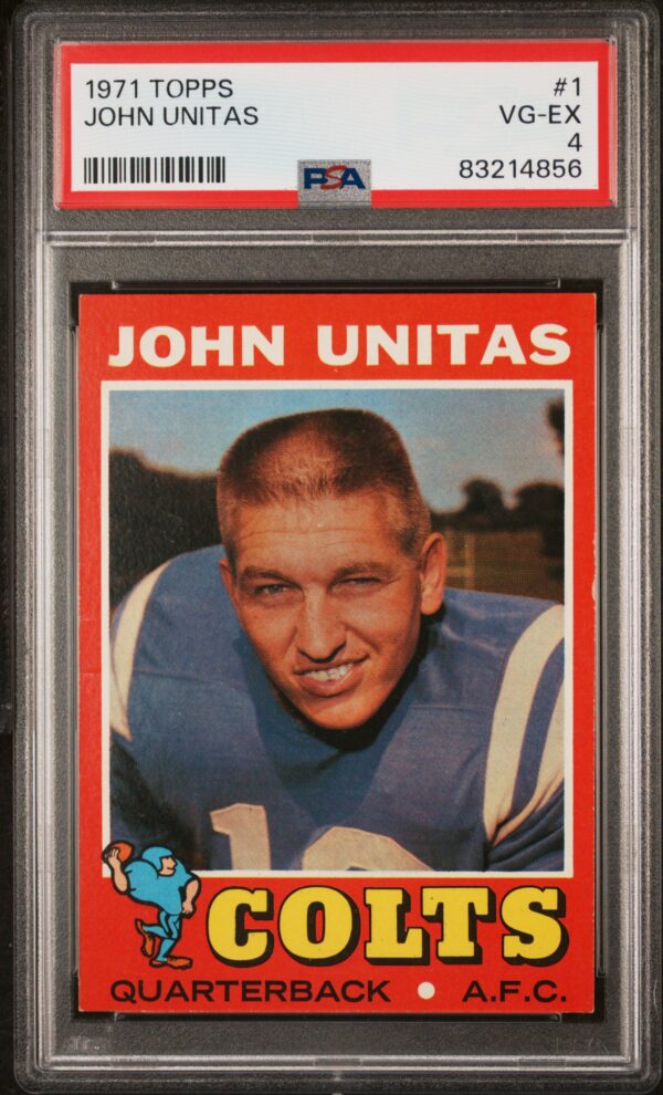 1971 Topps John Unitas football card, PSA 4 graded, with red border, Baltimore Colts uniform.