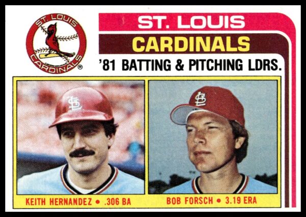 1982 Topps Cardinals Leaders card with Keith Hernandez and Bob Forsch, card #186.