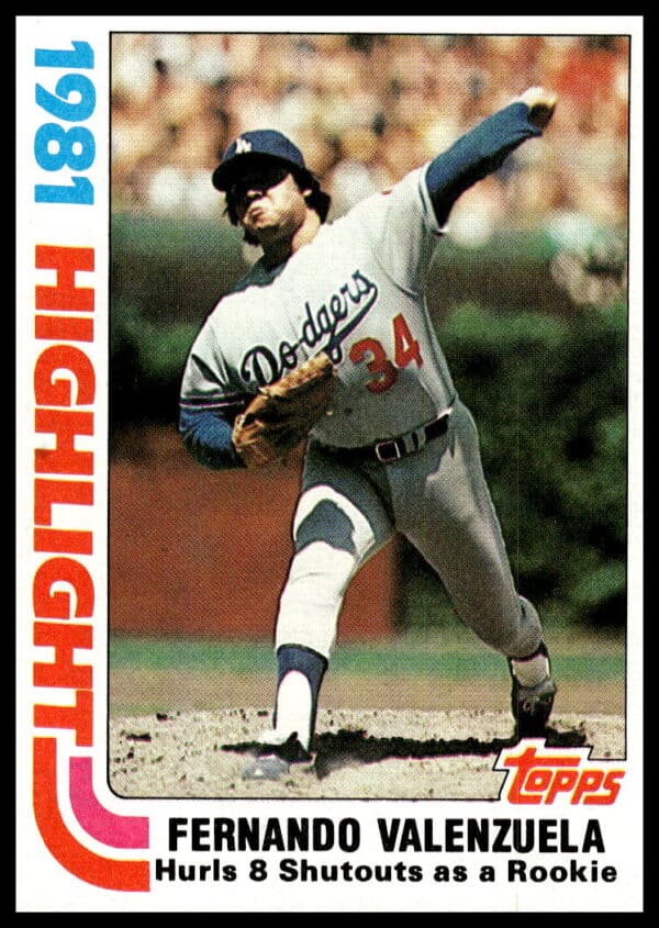 Fernando Valenzuela 1982 Topps Card #6, Los Angeles Dodgers Pitcher in Iconic Stance.
