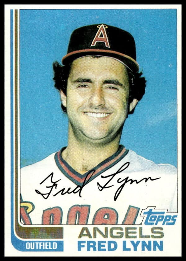 1982 Topps Fred Lynn #251 card featuring Lynn with bat in Angels uniform.