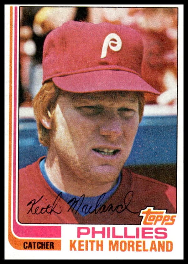 Front of 1982 Topps Keith Moreland #384 baseball card, Chicago Cubs uniform, action pose.