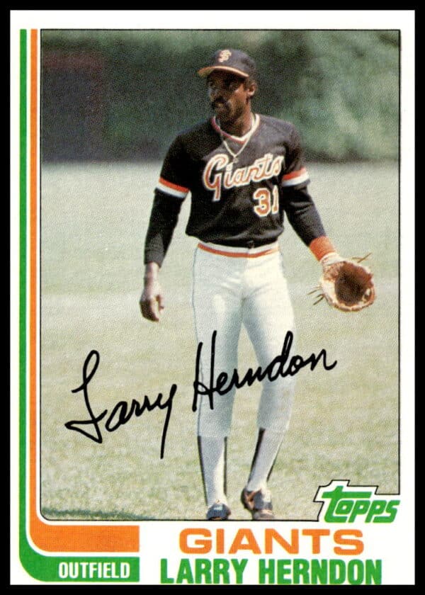 1982 Topps Larry Herndon Detroit Tigers baseball card, featuring action shot and team jersey.