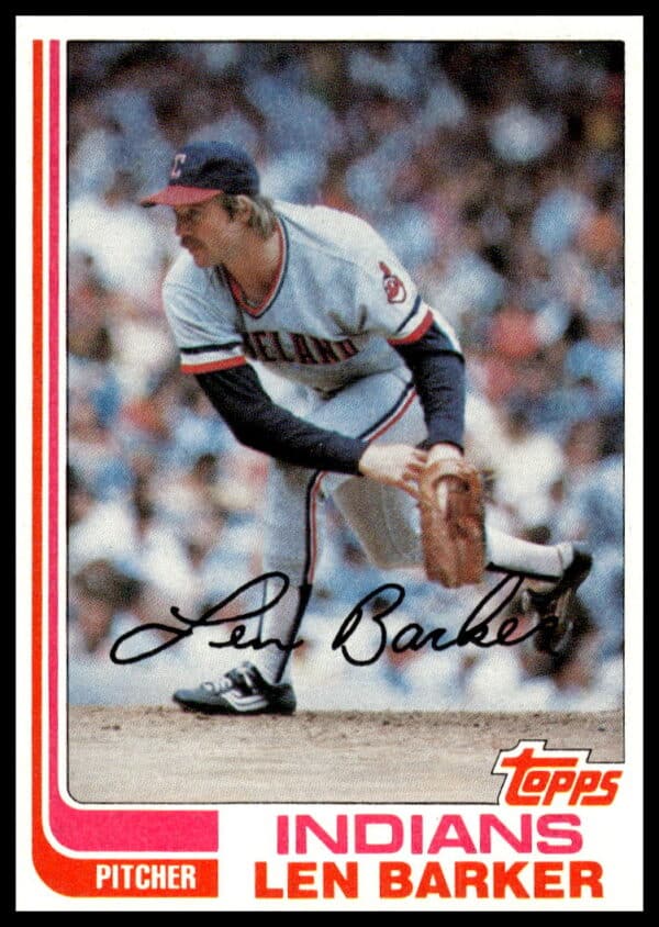 1982 Topps Len Barker #360 baseball card, Cleveland Indians pitcher, mid-pitch, team uniform.