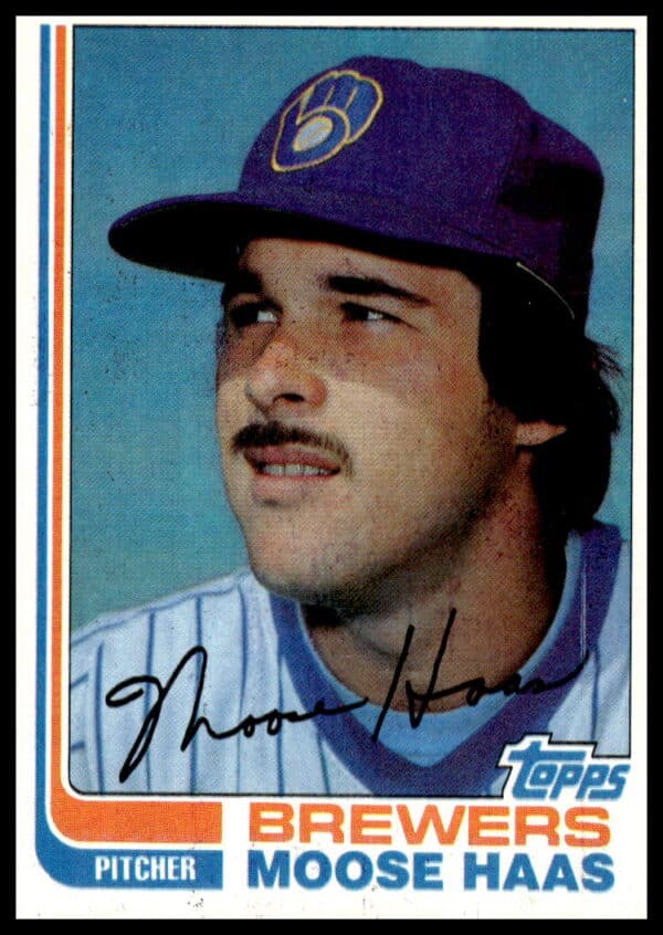 Moose Haas 1982 Topps baseball card #12 front view, Brewers uniform, stadium background.