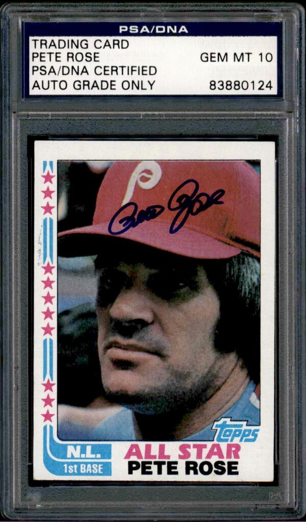 1982 Topps Pete Rose #337 autographed and authenticated baseball card front view.
