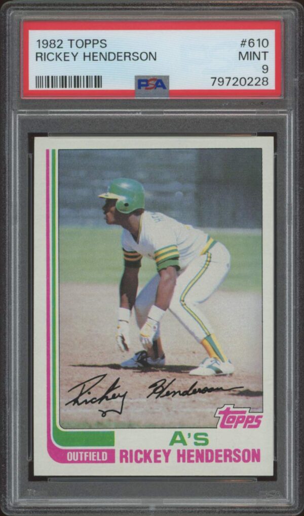 Mint 1982 Topps Rickey Henderson Baseball Card, PSA 9, featuring Oakland Athletics legend.