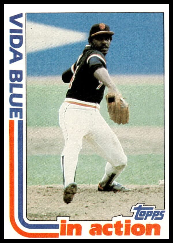 1982 Topps Vida Blue #431 baseball card, Oakland Athletics, pitching pose.