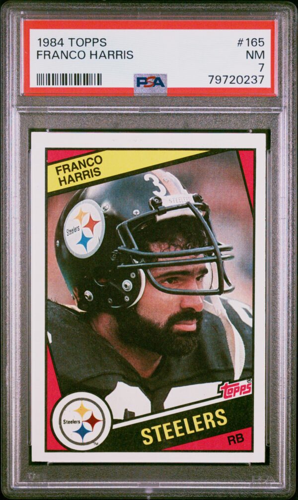 1984 Topps Franco Harris #359 PSA 7 card, Steelers legend, iconic yellow banner.