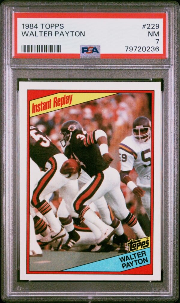1984 Topps Walter Payton #228 PSA NM trading card in protective case.