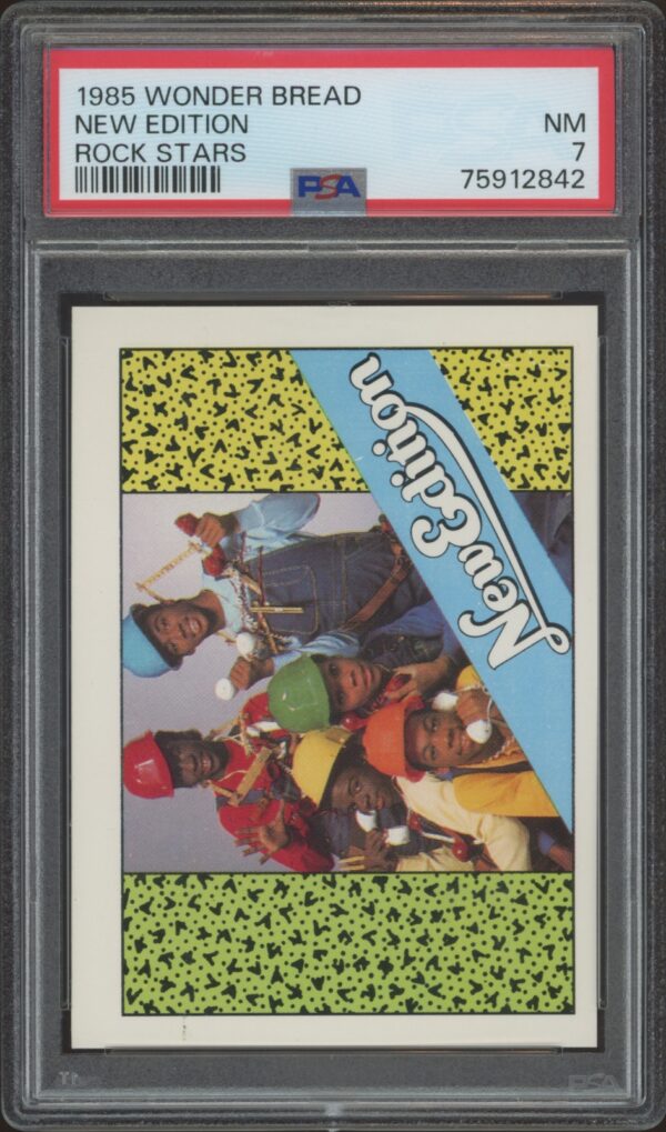 1965 Wonder Bread baseball card, PSA graded NM2, featuring New Button and yellow polka-dot border.