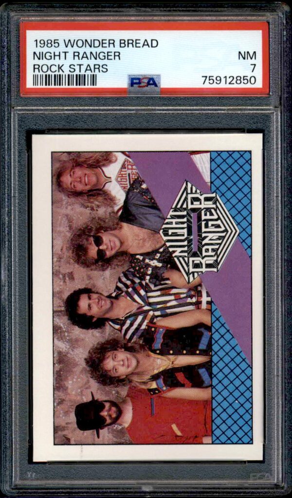 1985 Night Ranger Wonder Bread card, graded NM, in PSA case with blue checkered border.