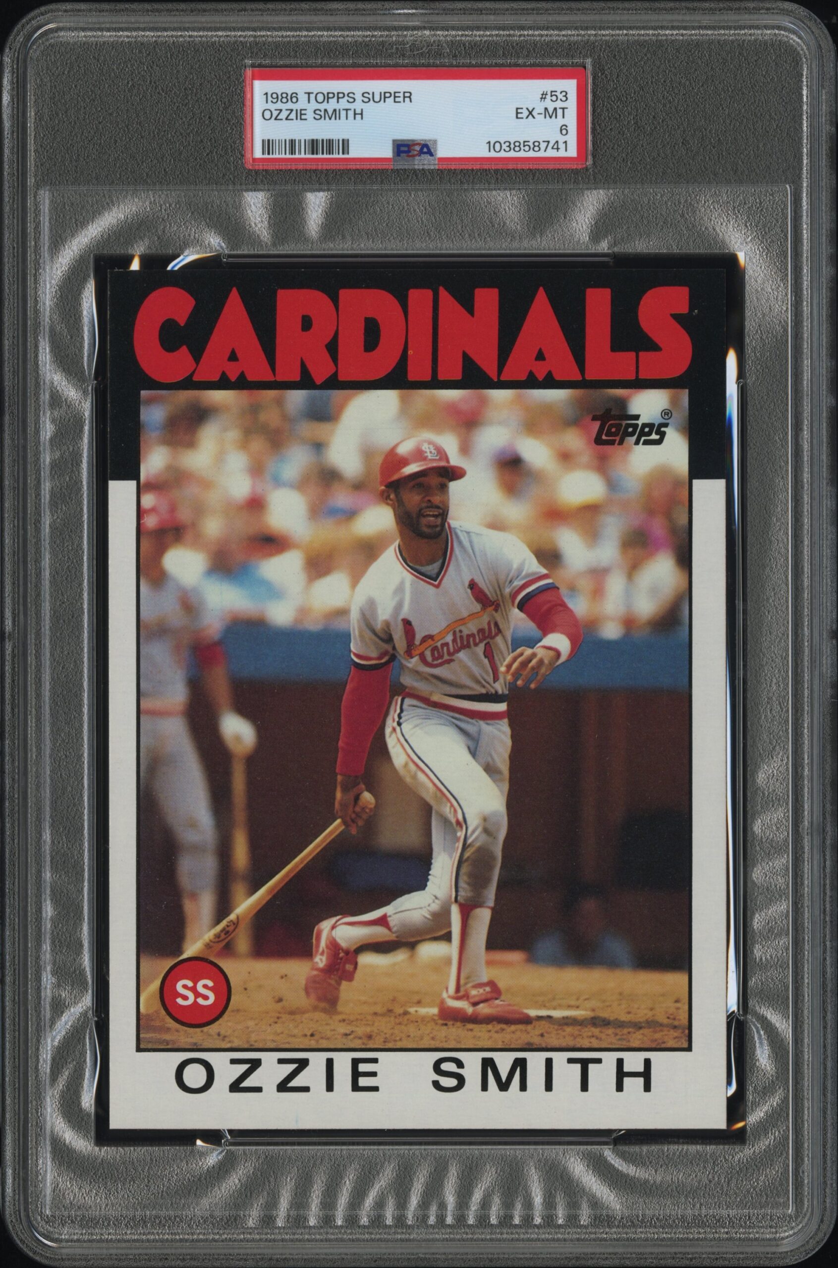 Ozzie Smith 1986 Topps Super Card #53 in St. Louis Cardinals uniform, graded PSA 6.