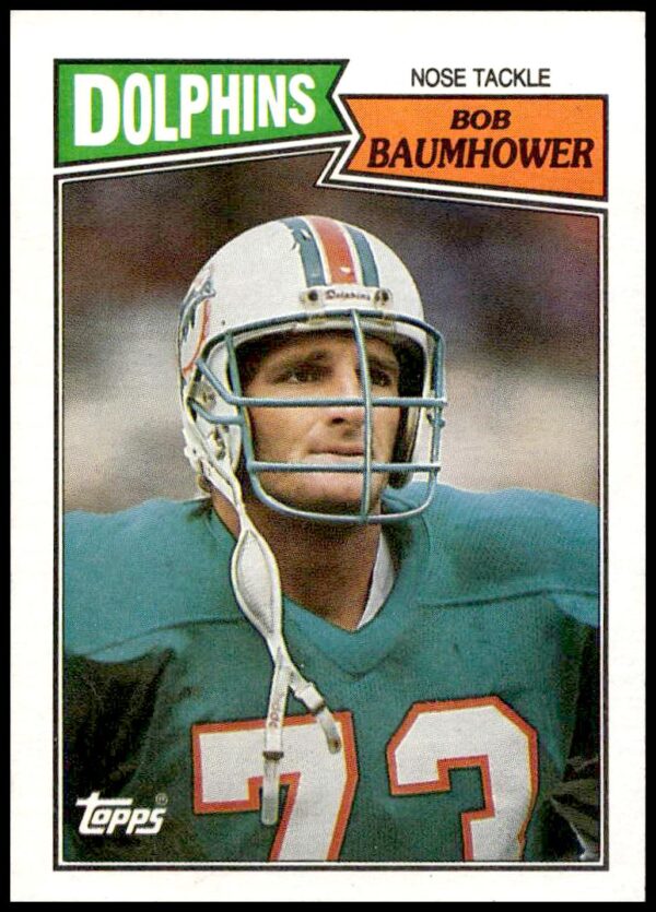1987 Topps Bob Baumhower football card, Miami Dolphins defensive lineman #247, front view.