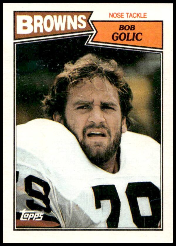 Bob Golic 1987 Topps Football Card #89, collectible sports card, player action front view.