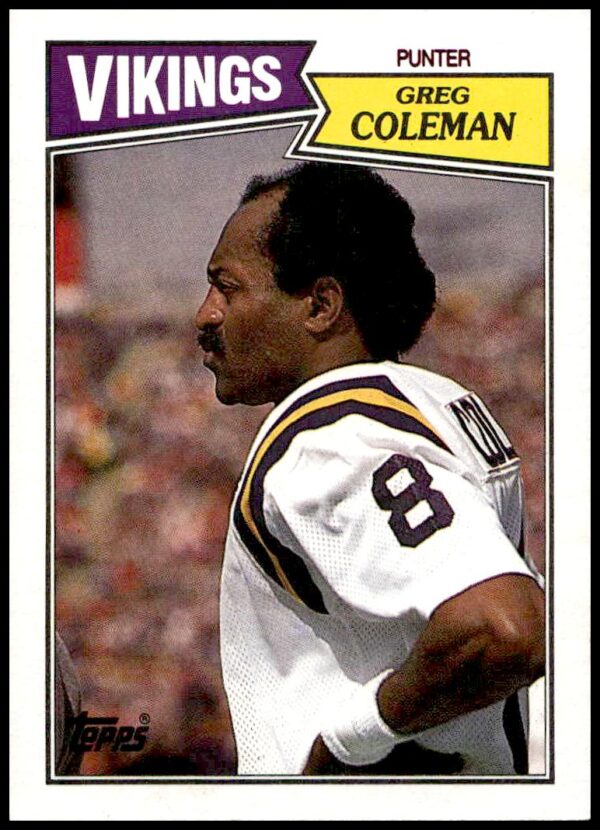 1987 Topps Greg Coleman football card featuring Vikings punter in team colors.