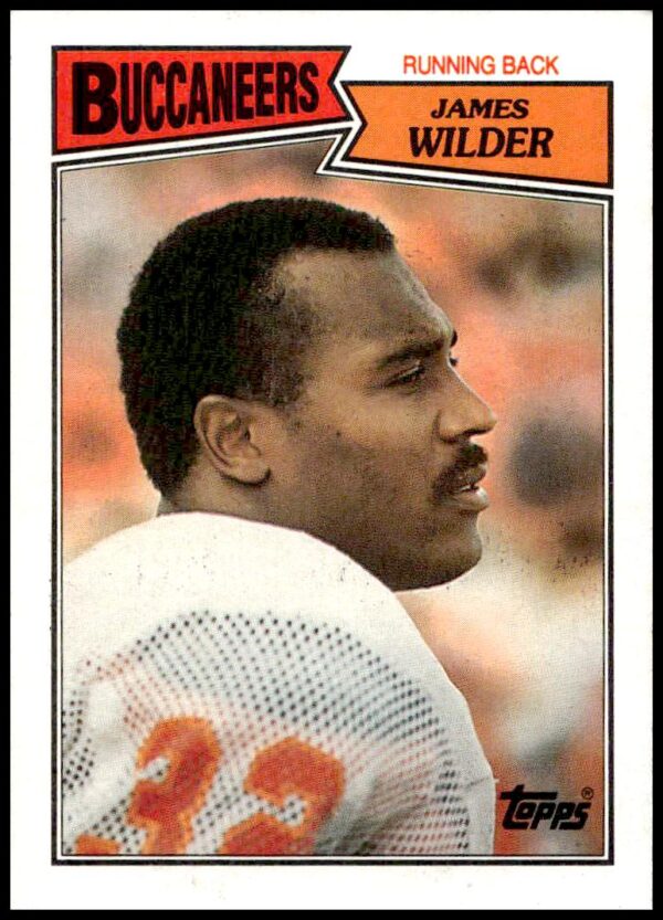 Front of 1987 Topps James Wilder Buccaneers Card #385 in action.