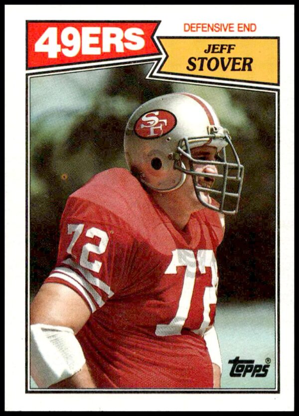 Jeff Stover 1987 Topps football card #119 featuring the defensive end in action.