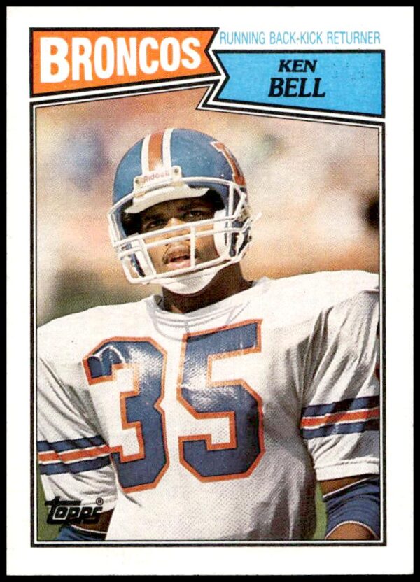 1987 Topps Ken Bell rookie football card, #34, Denver Broncos, stadium background.