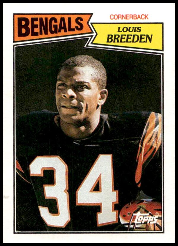 1987 Topps Football Card #197: Louis Breeden, Cincinnati Bengals Cornerback, Action Pose.