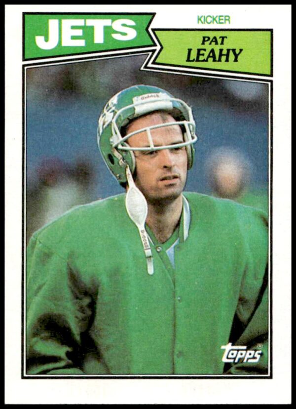 1987 Topps Pat Leahy football card #134 showing Jets kicker in action.