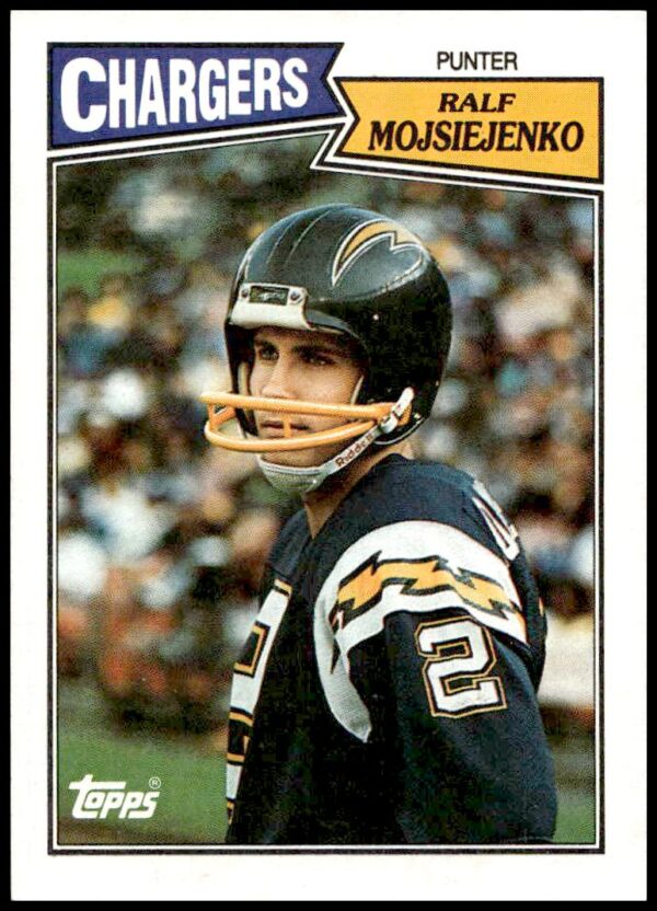 Front view of Ralf Mojsiejenko 1987 Topps football card, punter mid-action, card number 344.