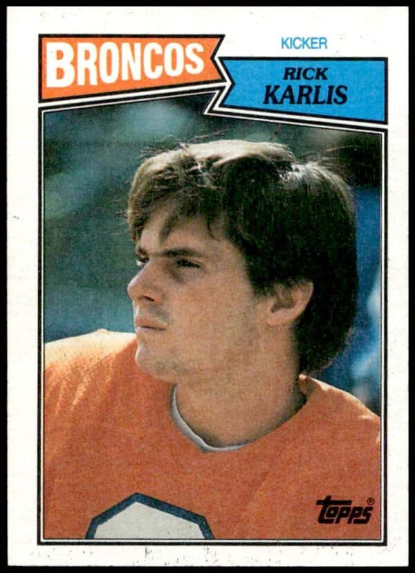 Rich Karlis 1987 Topps football card in Denver Broncos uniform, card #36.