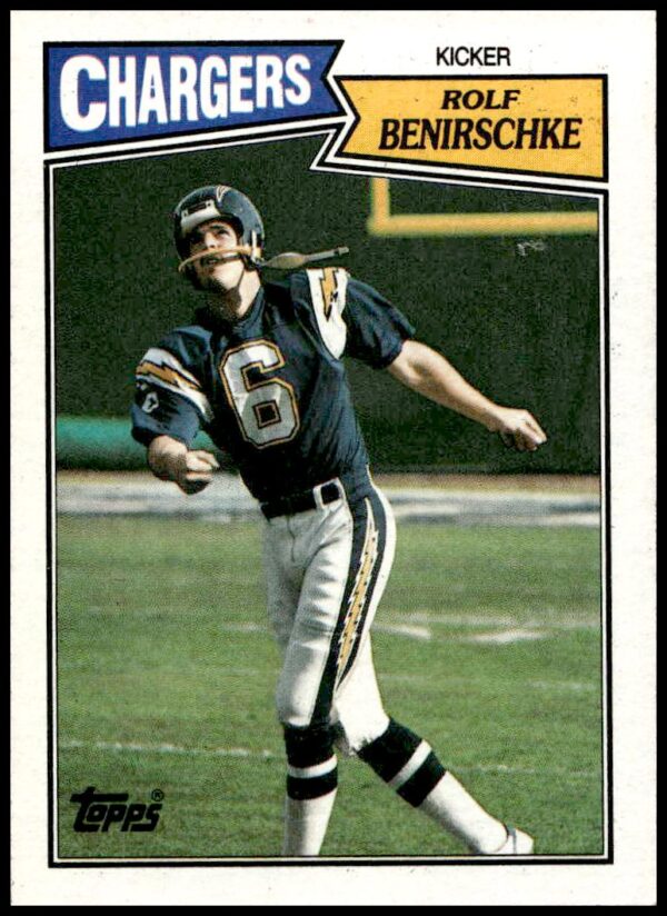 Vintage 1987 Topps football card featuring Rolf Benirschke in uniform, card #345 front.