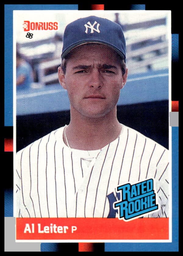 Young Al Leiter pitching for Yankees on 1988 Donruss card, featuring jersey number 43.